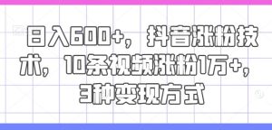 日入600+，抖音涨粉技术，10条视频涨粉1万+，3种变现方式【揭秘】-网创之道