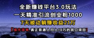 全新赚钱平台3.0玩法一天精准引流创业粉1000.7天被动躺Z收益21W【仅揭秘】-网创之道